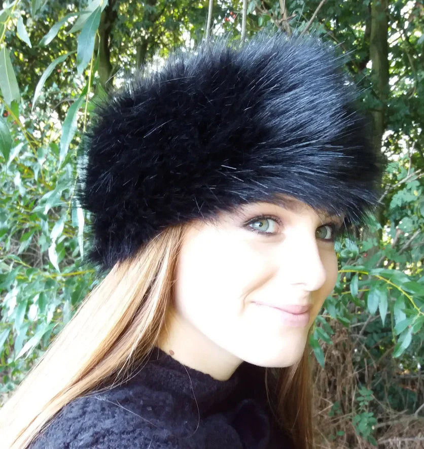 fluffy black headband worn outside