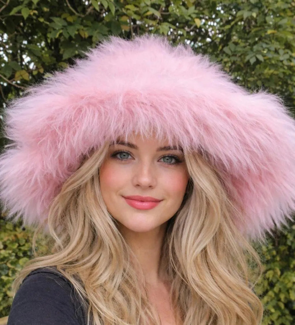 Wide Wired Brim Oversized Faux Fur Bucket Hats