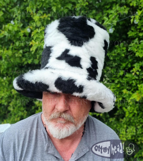 Black and white cow print faux fur stovepipe hat with wide brim  handmade in Englandrint