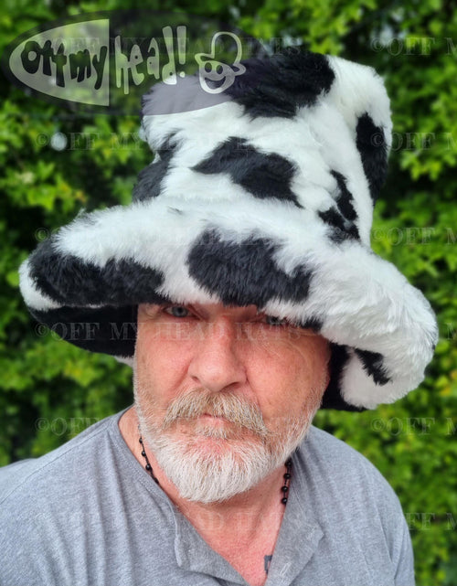Tall black cow print faux fur hat - JK Space Cowboy style 