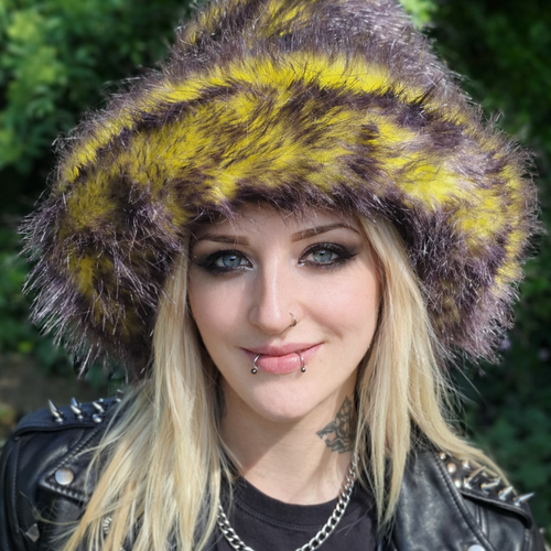 tall and oversized faux fur hat black and yellow. Bucket hat style with higher crown